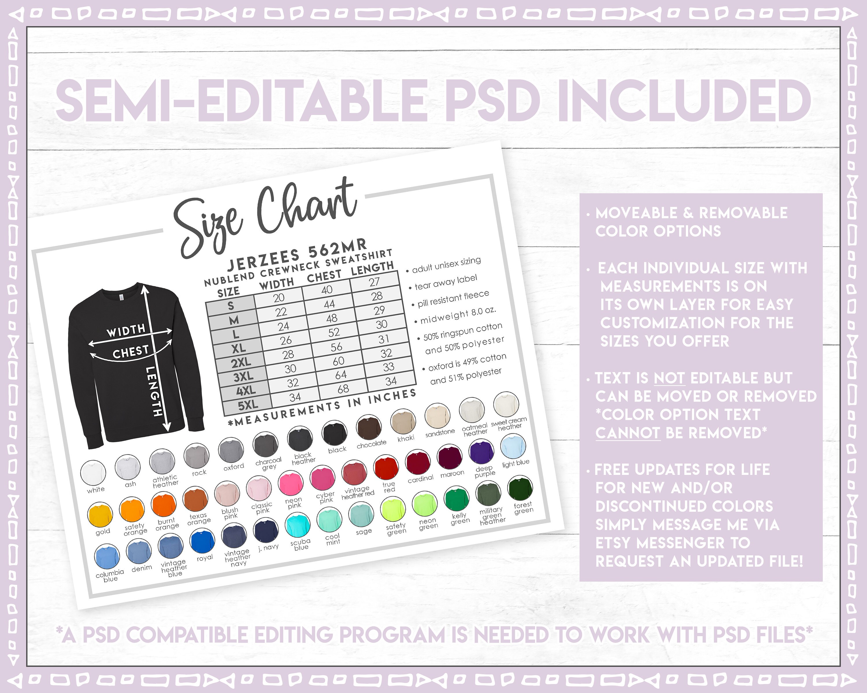 Semi-editable Jerzees 562MR Size + Color Chart • Jerzees Nublend ...