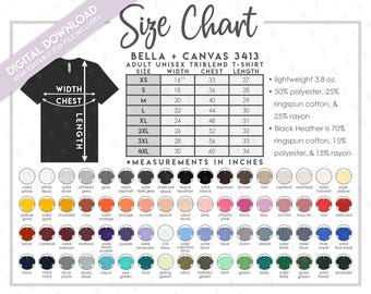 Semi-Editable Bella + Canvas 3413 Size + Color Chart • Bella Canvas Triblend T-Shirt Size Chart • Bella Canvas T-Shirt Color Chart • 3413C