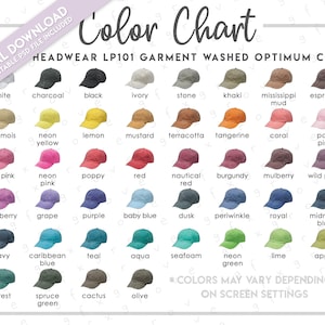 Tabla de colores semieditable de Adams Headwear LP101 • Tabla de colores óptimos de gorras lavadas con prendas Adams • Colores óptimos de gorras