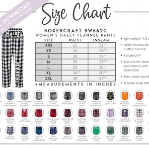 Puede incluir: Tabla de tallas para pantalones de franela para mujer con una variedad de patrones de cuadros. La tabla muestra las tallas XXS a 2XL con las medidas de cintura y entrepierna correspondientes en pulgadas. Los pantalones son ligeros, 100% franela de algodón cepillada doble, y tienen un ajuste relajado, una cintura doblada autoelástica con cordón de sarga, bolsillos laterales y una etiqueta de bucle tejido.