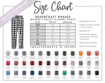 Tabla de tallas y colores semieditable de Boxercraft BW6620 • Pantalones de franela Haley de Boxercraft para mujer • Tabla de tallas de BW6620 • Tabla de colores de BW6620
