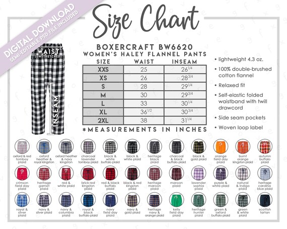 Semi-editable Boxercraft BW6620 Size + Color Chart • Boxercraft