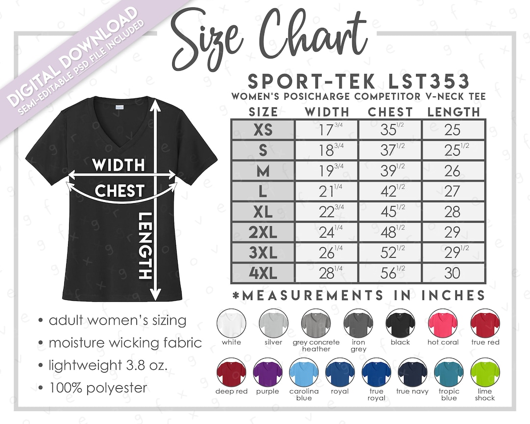 Semi-editable Sport Tek LST353 Size Chart + Color Chart • Sport