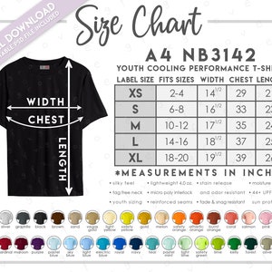 Semi-Editable A4 NB3142 Size + Color Chart • A4 Youth Cooling Performance T-Shirt • NB3142 Color Chart • NB3142 Size Chart • A4 Performance