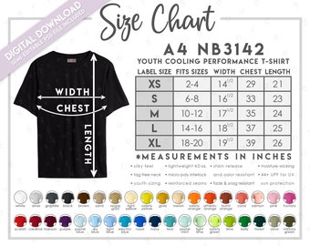 Semi-modifiable A4 NB3142 Taille + Nuancier • A4 T-shirt rafraîchissant performance pour jeunes • NB3142 Nuancier • NB3142 Tableau des tailles • A4 Performance
