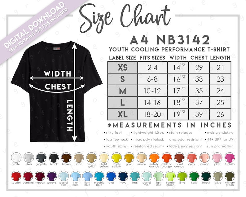 May include: Size chart for youth cooling performance t-shirts. The chart shows label size, fits sizes, width, chest, and length in inches. The chart is labeled A4 NB3142. The chart is black and white with a black t-shirt image.