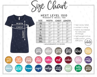 Next Level 1510 Size + Color Chart • 25 COLORS • Next Level Women's Ideal Tee Size Chart •  NL1510 • Next Level Ladies T-Shirt