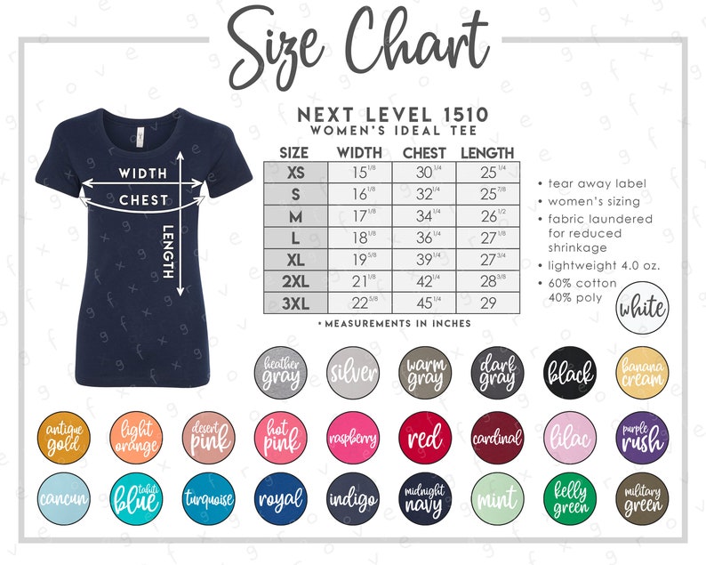 Next Level 1510 Size Color Chart 25 COLORS Next Level | Etsy