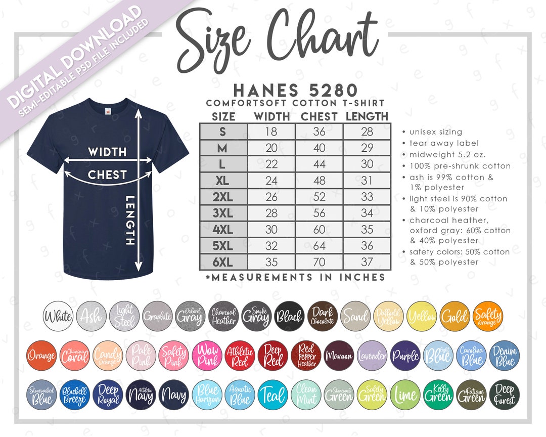Semi-editable Hanes 5280 Size Chart Color Chart Comfortsoft Cotton T ...