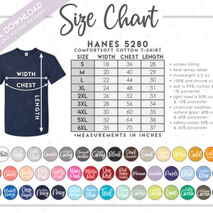 Semi-Editable Hanes 5280 Size Chart + Color Chart • Comfortsoft Cotton T-Shirt Size Chart • 5280 T-Shirt Color Chart • 5280 Size Chart