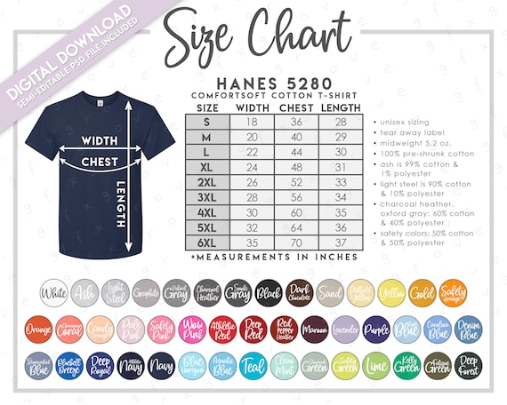 Semi-editable Hanes 5280 Size Chart Color Chart Comfortsoft Cotton T-shirt  Size Chart 5280 T-shirt Color Chart 5280 Size Chart -  Hong Kong