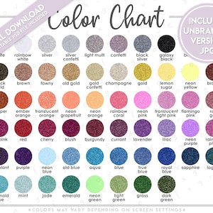 May include: A digital color chart featuring a grid of circular glitter swatches in various shades including white, silver, black, gold, copper, pink, red, purple, blue, and green. Each circle is labeled with its corresponding color name.
