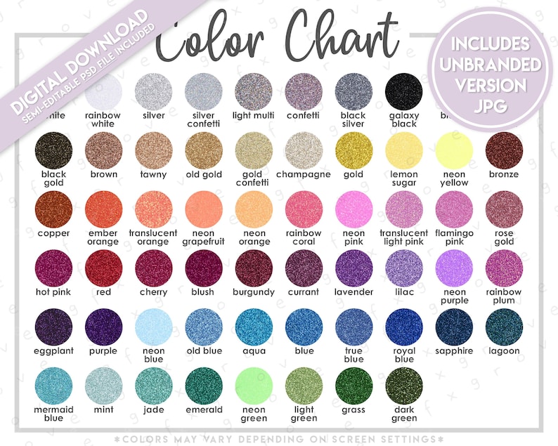 May include: A digital color chart featuring a grid of circular glitter swatches in various shades including white, silver, black, gold, copper, pink, red, purple, blue, and green. Each circle is labeled with its corresponding color name.