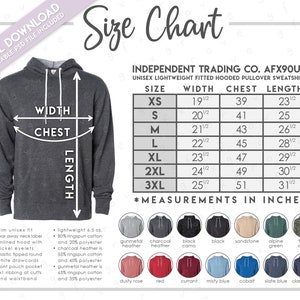 Tabla de tallas y colores semieditable de Independent Trading Company AFX90UN • Tabla de tallas de sudaderas ajustadas de Independent Trading Co. • ITC AFX90UN