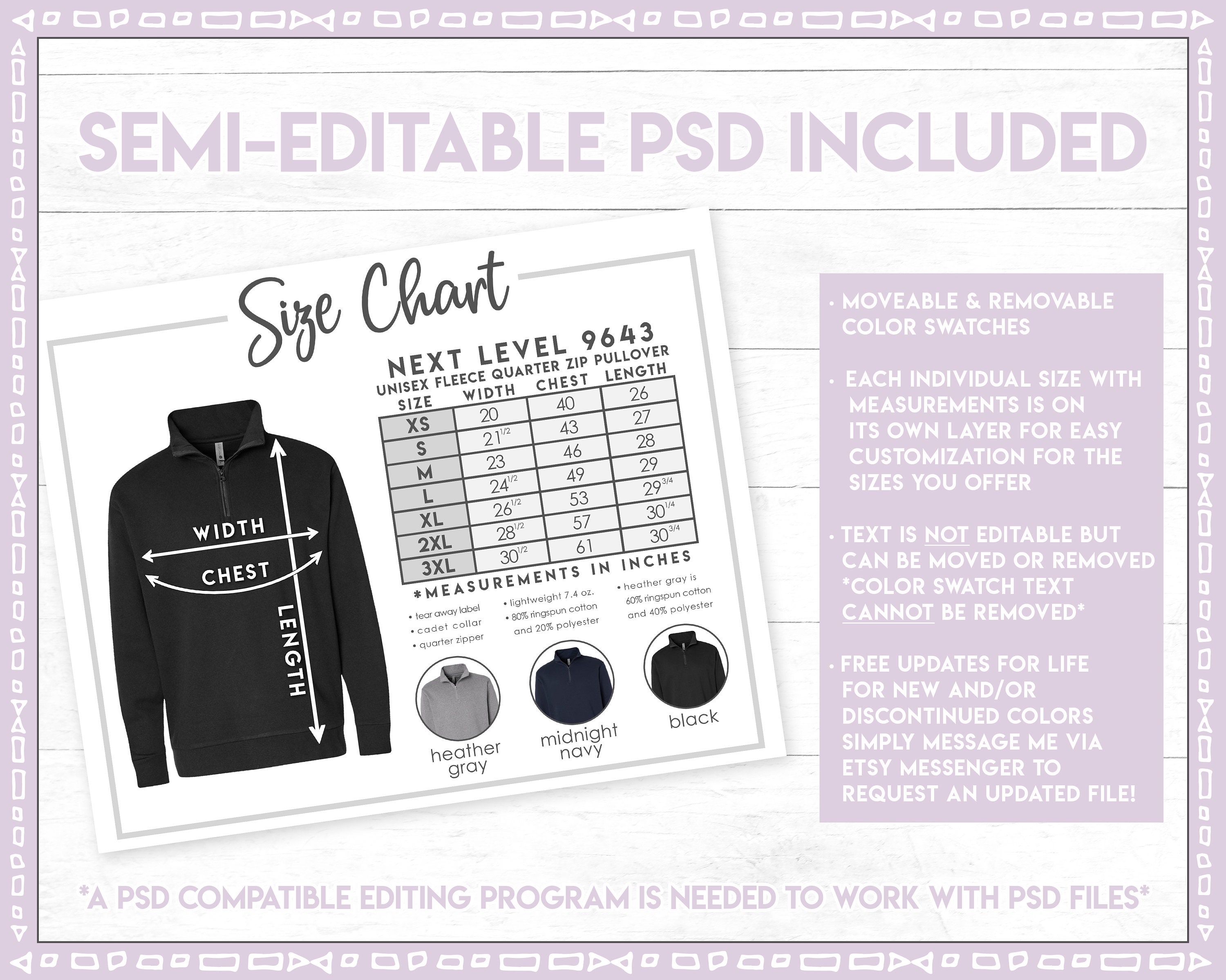 Semi-editable Next Level 9643 Size + Color Chart • Next Level Size