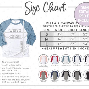 Tabla de tallas y colores Bella + Canvas 3200Y semieditable • Tabla de tallas de camisetas de béisbol juveniles Bella Canvas • Tabla de colores BC3200Y • PSD