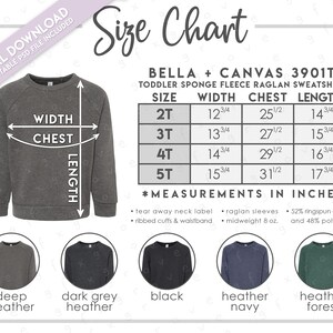 Tabla de tallas y colores semieditable Bella + Canvas 3901T • Tabla de tallas de sudadera de polar esponjoso para niños pequeños Bella Canvas • Tabla de colores BC3901T