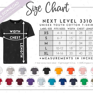 Semi-Editable Next Level 3310 Size + Color Chart • Next Level Size Chart • Next Level Youth T-Shirt Size Chart • NL3310 • 3310 Color Chart