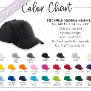 Tabela de cores de boné de sarja Beechfield semi-editável • Tabela de cores de boné de 5 painéis Beechfield Original Headwear • Guia de cores de boné Beechfield