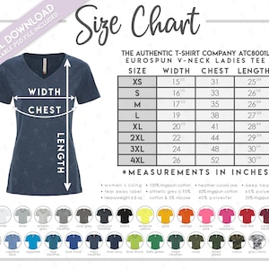 Tabla de tallas y colores semieditable de The Authentic T-Shirt Company ATC8001L • Tabla de tallas de camisetas de cuello en V para damas ATC • Tabla de colores ATC 8001L