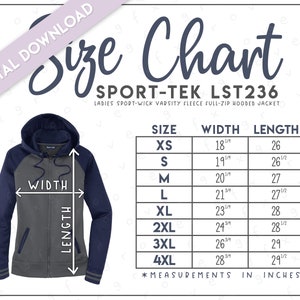 Puede incluir: Tabla de tallas para una chaqueta con capucha de cremallera completa Sport-Tek LST236 para mujer. La tabla muestra las tallas XS a 4XL con las medidas de ancho y largo correspondientes en pulgadas.