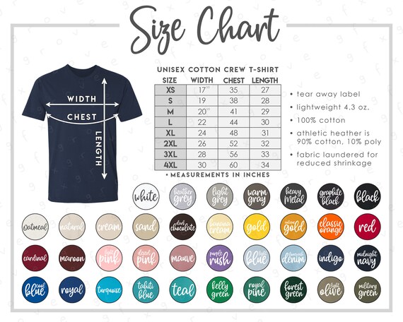 Next Level 3600 Size Color Chart 2 Versions Included With & | Etsy
