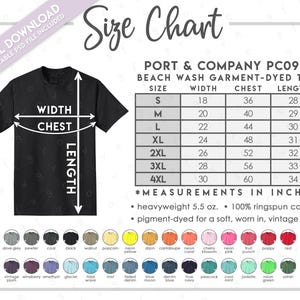 May include: Black t-shirt with a size chart and color swatches. The chart lists measurements in inches for width, chest, and length, ranging from size small to 4XL. The shirt is heavyweight 5.5 oz. and made of 100% ringspun cotton.
