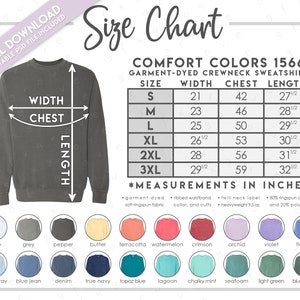 Tabla de tallas y colores Comfort Colors 1566 semieditable • Sudadera de cuello redondo teñida en prenda Comfort Colors • Tabla de tallas 1566 • CC1566