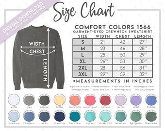 Semi-Editable Comfort Colors 1566 Size + Color Chart • Comfort Colors Garment-Dyed Crewneck Sweatshirt • 1566 Size Chart • CC1566