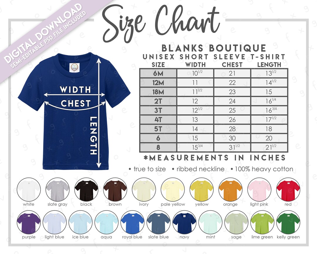 Semieditable Blanks Boutique Short Sleeve Tshirt Size Color Chart Blanks Boutique Boys Short