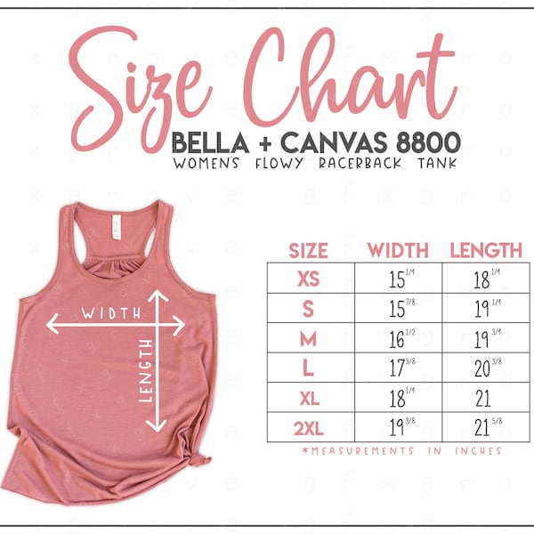 Bella + Canvas 8800 Size Chart - Bella Canvas Flowy Racerback Tank Size Chart - Bella Canvas B8800 - Bella and Canvas Tank Top Size Chart