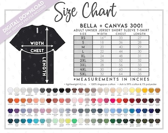 Semi-Editable Bella + Canvas 3001 Size + Color Chart • Bella Canvas T-Shirt Size Chart • BC3001 Color Chart