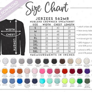Semi-Editable Jerzees 562MR Size + Color Chart • Jerzees Nublend Sweatshirt Size Chart • Jerzees Sweatshirt Color Chart • Jerzees 562 MR