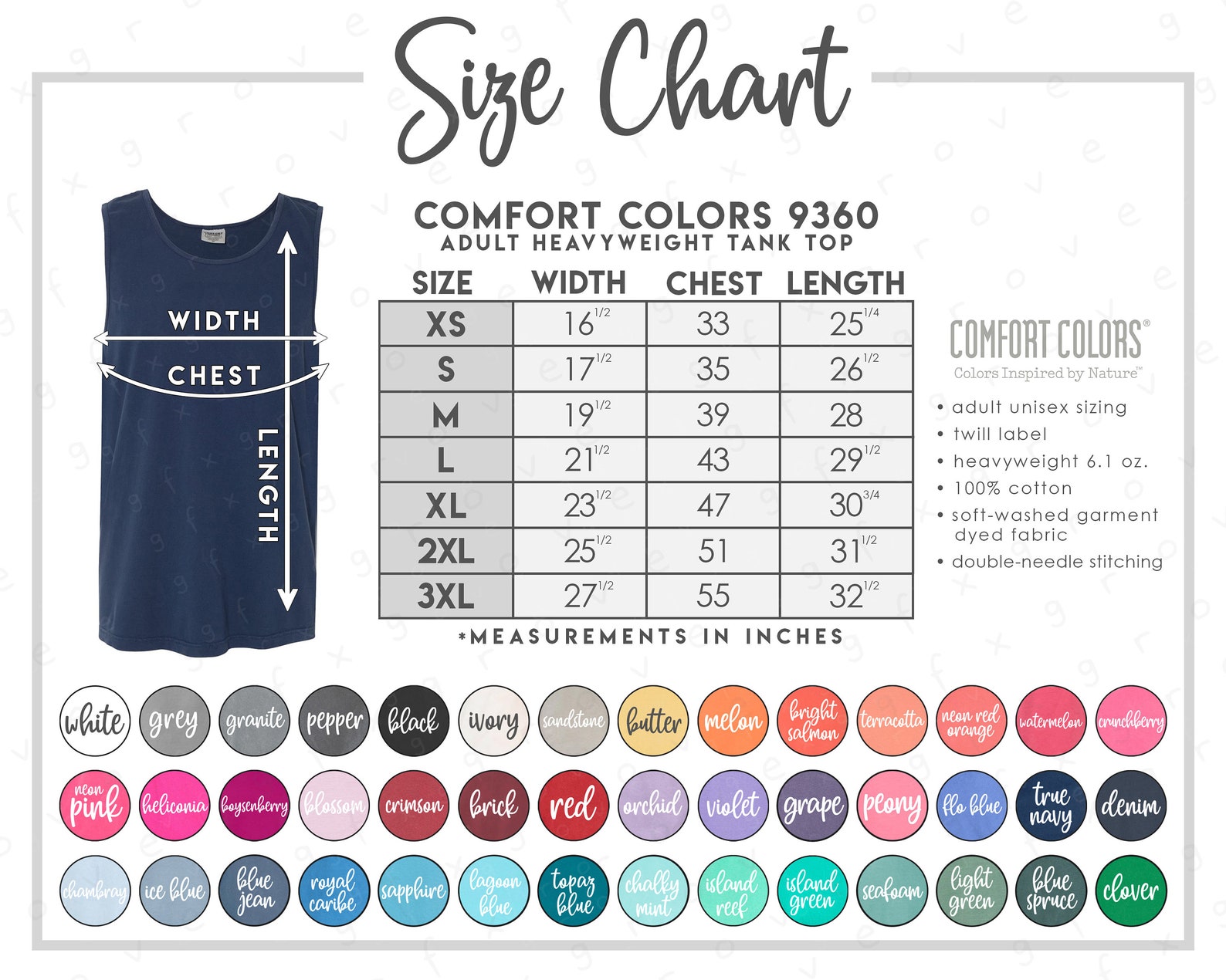 Comfort Colors 9360 Size Color Chart 42 COLORS Updated | Etsy