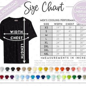 May include: Size chart for men's cooling performance t-shirts. The chart shows sizes XS through 4XL with measurements in inches for width, chest, and length. The chart also includes details about the fabric and features of the shirts, such as moisture wicking, UPF sun protection, and reinforced seams.