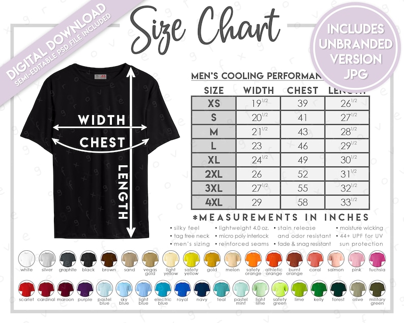 May include: Size chart for men's cooling performance t-shirts. The chart shows sizes XS through 4XL with measurements in inches for width, chest, and length. The chart also includes details about the fabric and features of the shirts, such as moisture wicking, UPF sun protection, and reinforced seams.