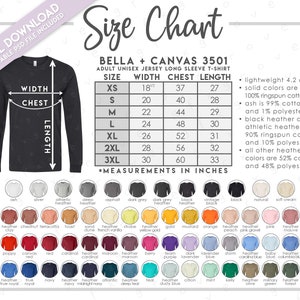 Bella + Canvas 3501 semieditable Tabla de tallas y colores • Incluye colores sólidos y jaspeados (3501CVC) • Camiseta de manga larga Bella Canvas • BC3501