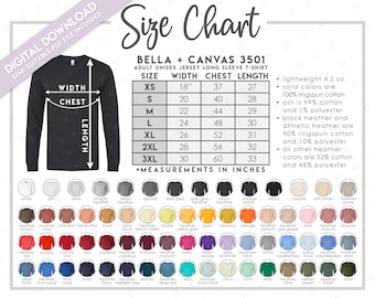 Semi-Editable Bella + Canvas 3501 Size + Color Chart • Includes solid & heather colors (3501CVC) • Bella Canvas Long Sleeve T-Shirt • BC3501