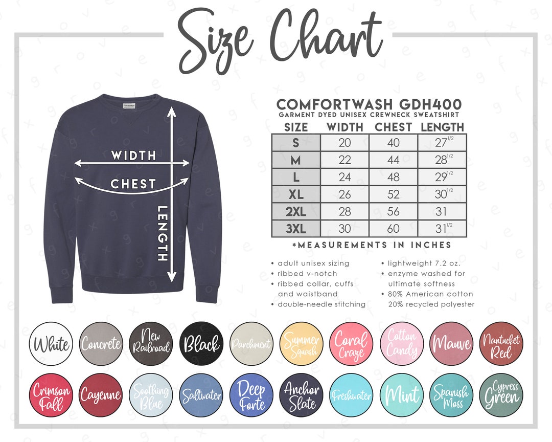 Comfortwash GDH400 Size Color Chart Hanes Comfortwash Etsy