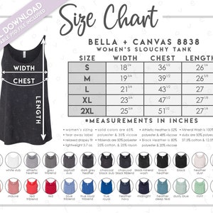 Tabla de tallas y colores Bella + Canvas 8838 semieditable • Tabla de tallas de camisetas sin mangas holgadas de Bella Canvas para mujer • Tabla de colores 8838 • Tabla de tallas 8838