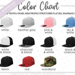 May include: Color chart showing different color options for a youth 6 panel high profile structured flat bill snapback cap. The colors include white, heather grey, pink and white, sky and white, white and black, charcoal and black, black and white, black and charcoal, black, red, and woodland.