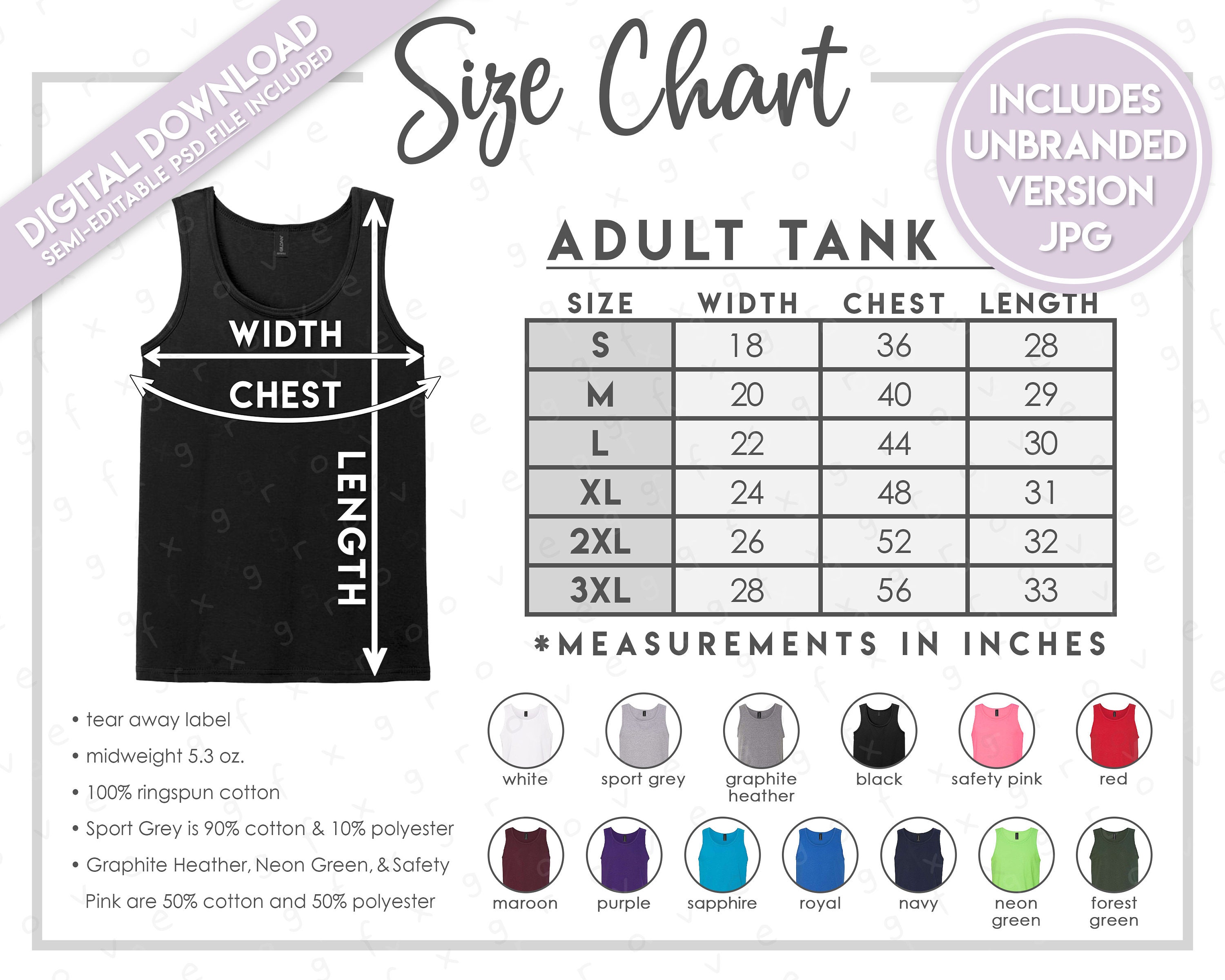 Semi-editable Gildan 5200 Size Chart + Color Chart • Gildan Heavy