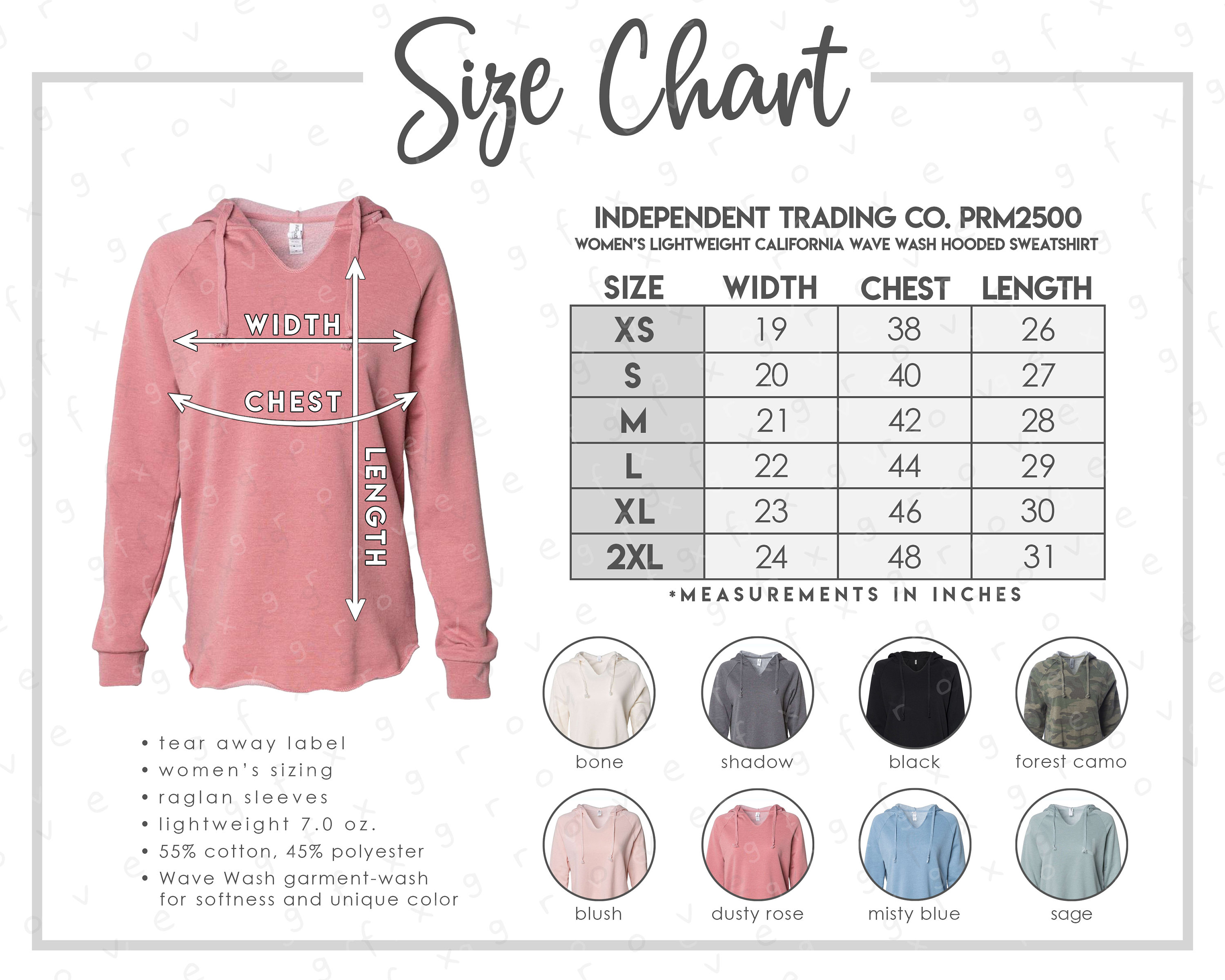 PRM2500 Size Color Chart 2 Versions Included With & Without Branding Women's  Wave Wash Hoodie Size Chart PRM2500 Size Chart 