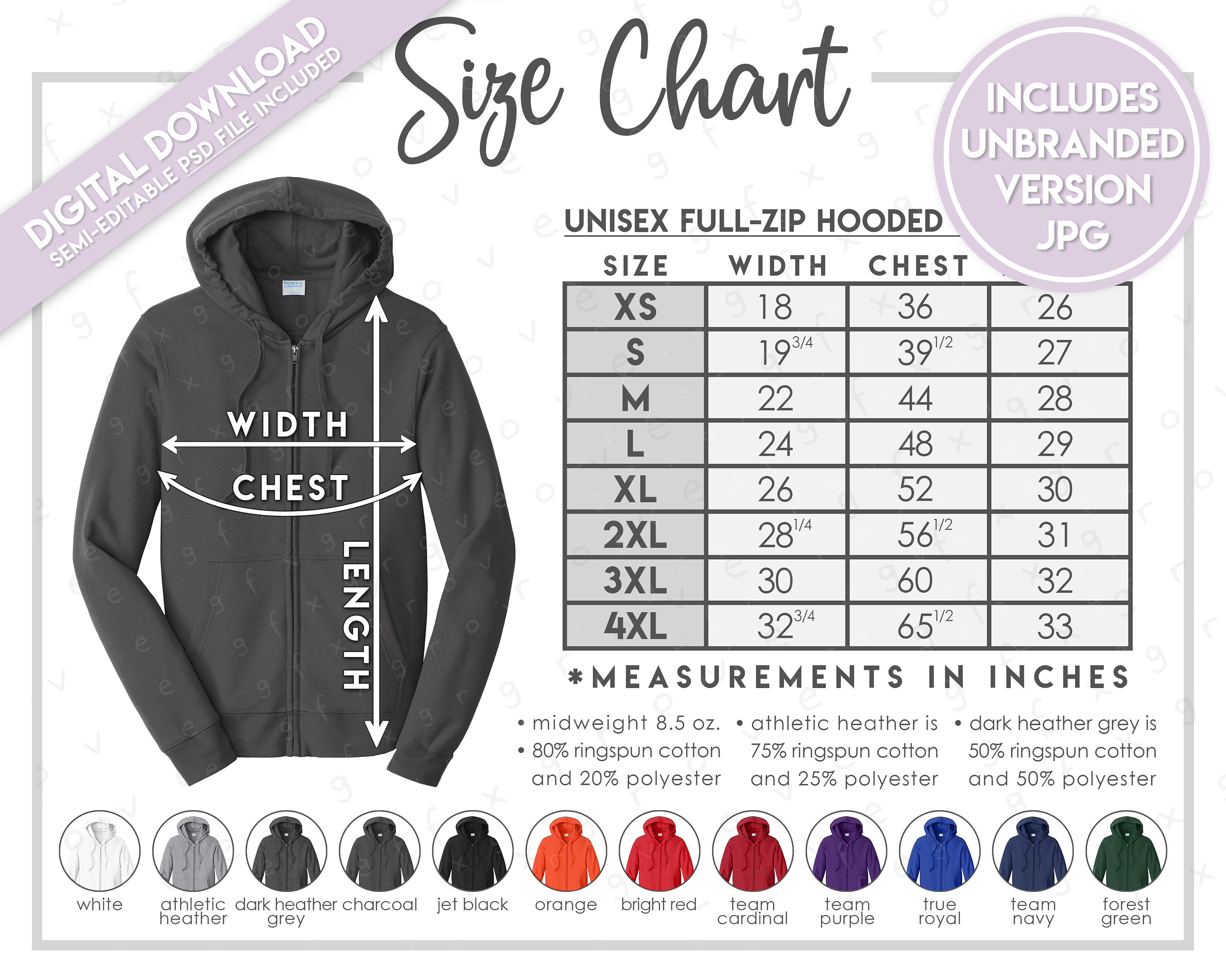 Semi-editable Port & Company PC850ZH Size + Color Chart