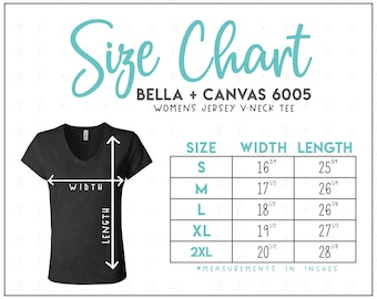 Bella + Canvas 6005 Size Chart (2 versions included with & without branding) • Bella Canvas Women's V-Neck Tee Size Chart • BC6005