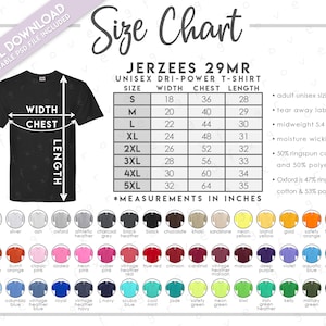 Semi-Editable Jerzees 29MR Size + Color Chart • Jerzees Dri Power T-Shirt Size Chart • Jerzees 29MR Color Chart • Jerzees 29M