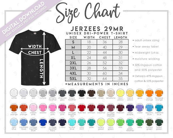 Semi editable Jerzees 29MR Size Color Chart Jerzees Dri Power T shirt Size Chart Jerzees 29MR Color Chart Jerzees 29M Etsy UK