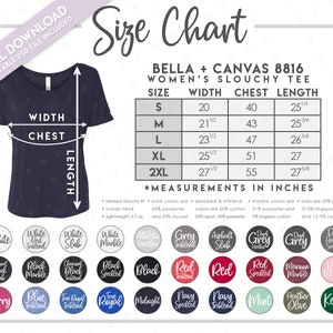 Tabla de tallas y colores semieditable Bella + Canvas 8816 • Tabla de tallas de camisetas holgadas para mujer de Bella Canvas • Tabla de colores 8816 • BC8816