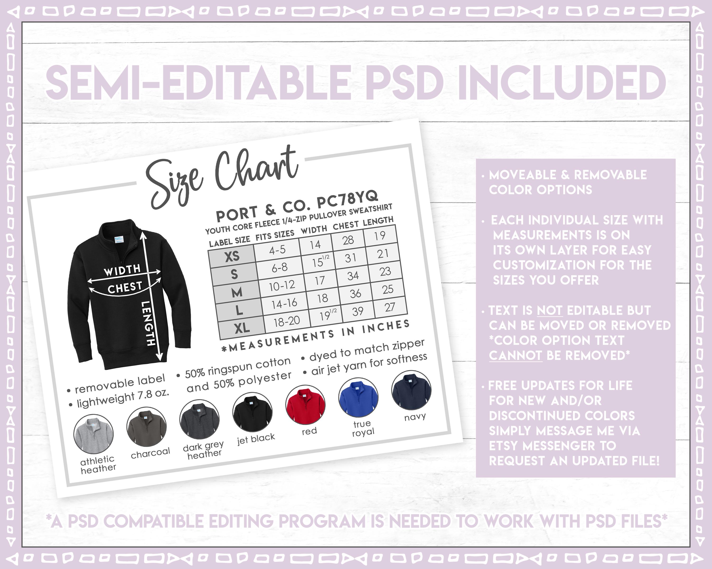 Semi-editable Port & Company PC78YQ Size + Color Chart • Youth