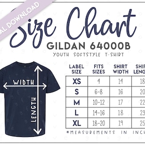 Gildan 64000B Größentabelle (2 Versionen enthalten) • Gildan Jugend Softstyle T-Shirt Größentabelle • G640B Größentabelle • 64000B Größentabelle